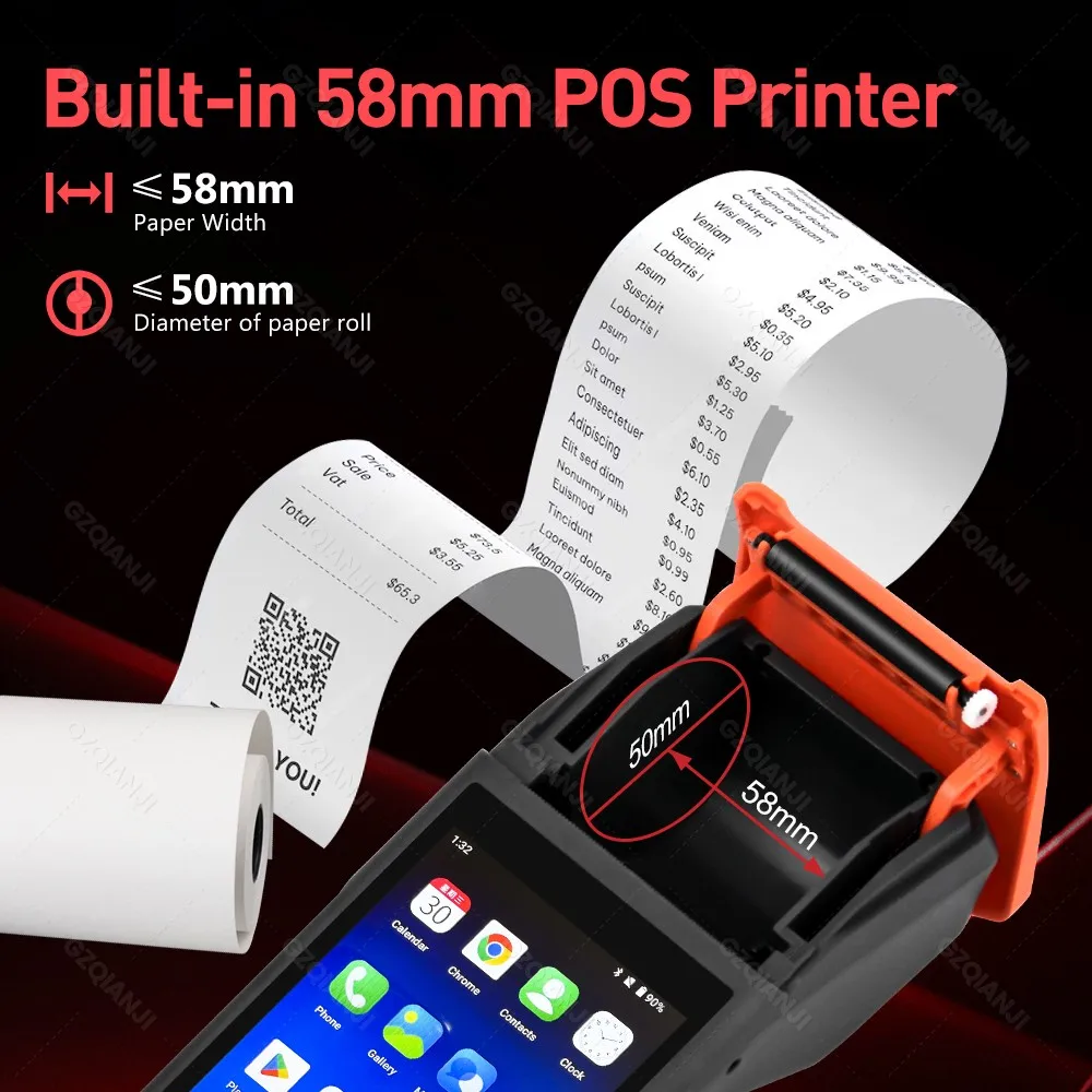 안드로이드 11/12 휴대용 단말기 POS 프린터(58mm 휴대용 열전사 프린터 포함) WiFi 블루투스 모바일 청구서 티켓 프린터 3G/4G