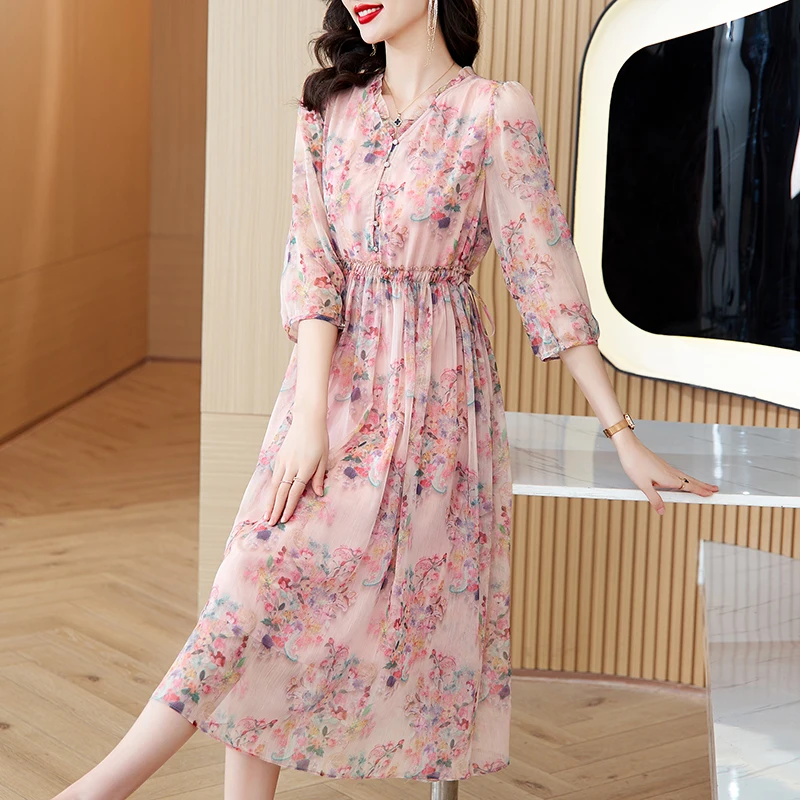 

Spring Women Boho Floral Silk V-Neck Midi Dress Summer Fashion Beach Vacation Sundress 2024 Korean Elegant Bodycon Party Prom