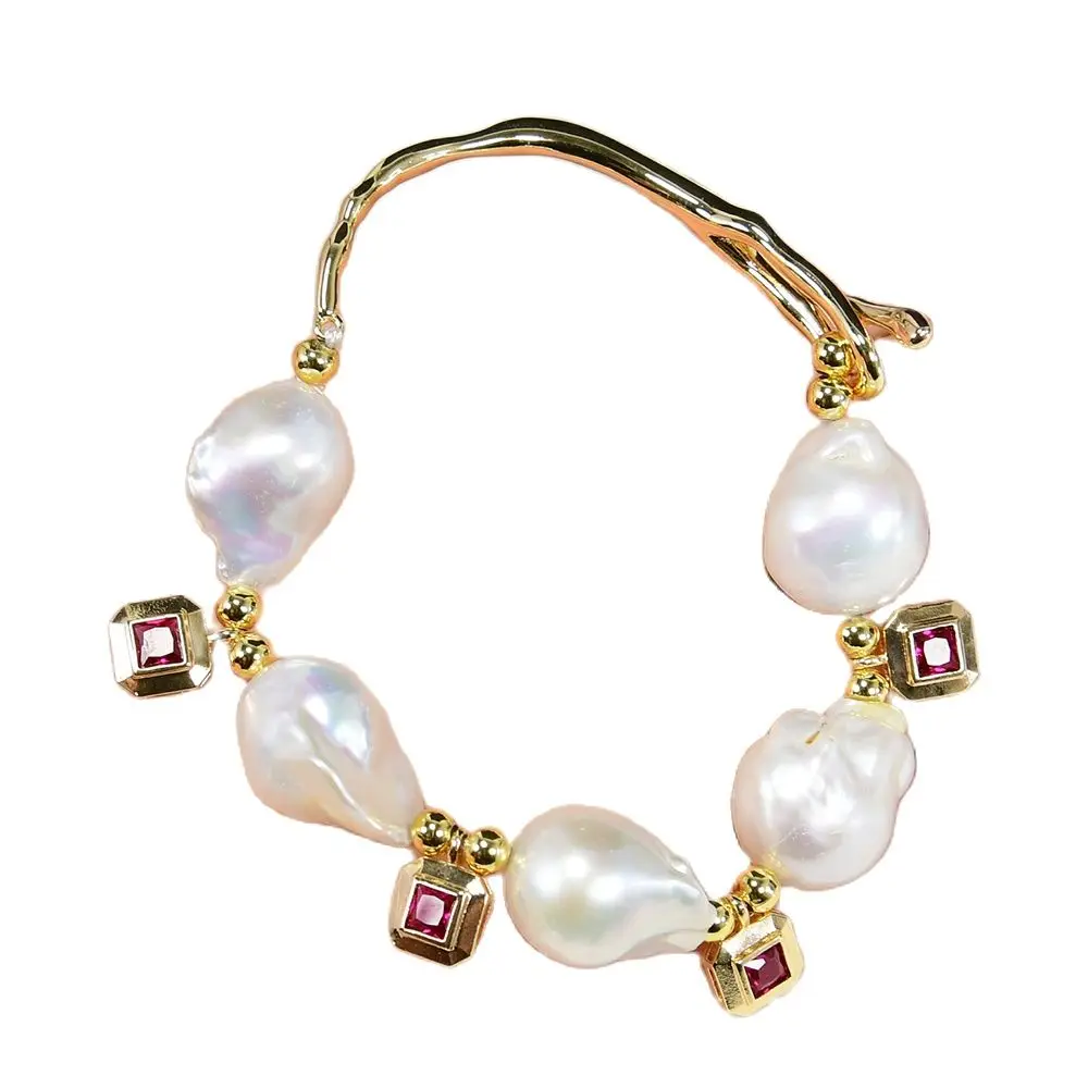 

GG Jewelry Natural Cultured White Keshi Pearl Red CZ Bracelet Handmade Real Pearl Gold Plated Bangle Bracelet Women Gifts