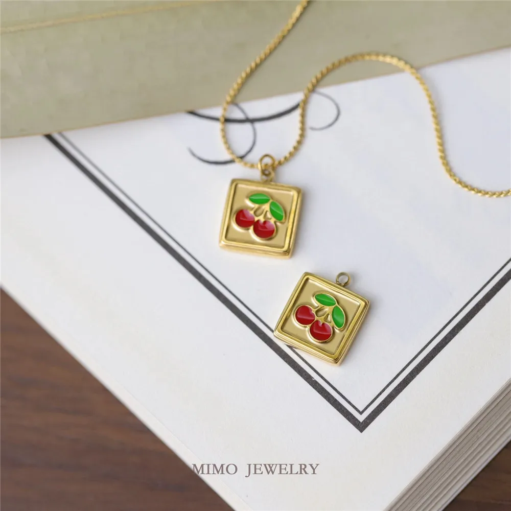 

Color titanium steel 18K gold drop oil lovely square cherry pendant necklace DIY accessory