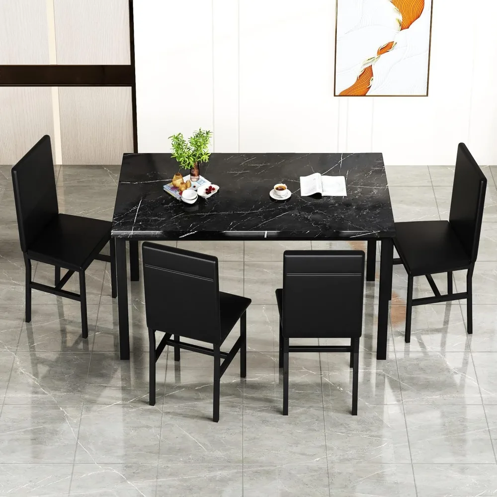 Black Kitchen Table and Chairs for 4, Compact Furniture 5-piece Dining Room Table Set Faux Marble