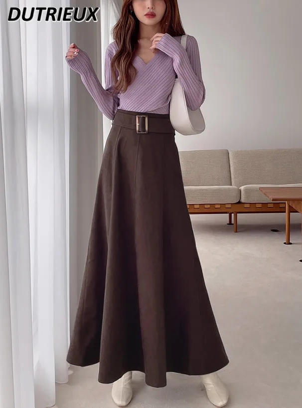 

2023 Japanese Autumn Winter New Sweet Thick High Waist Corduroy Long Skirt Women Solid Color A- Line Large Hem Skirts with Belt