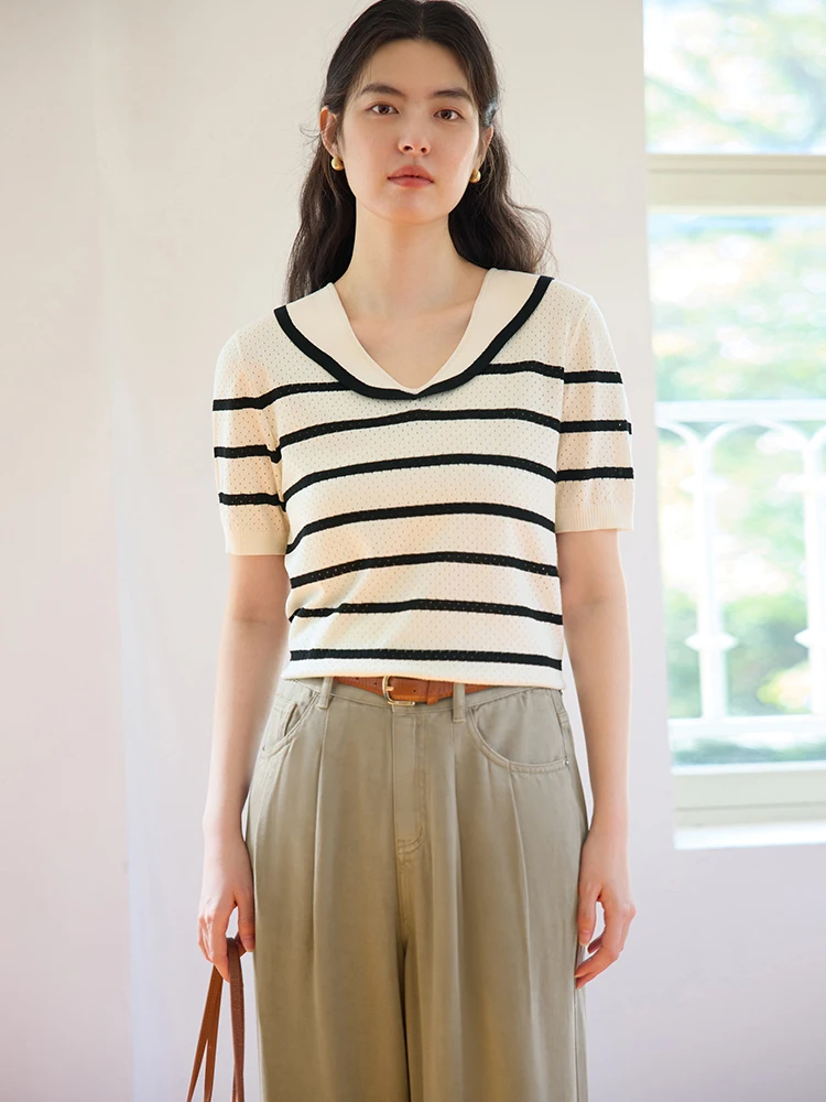 

DUSHU Plus Size Classic Simple Striped V-Neck Sweater For Women Summer Slim Versatile Comfortable Short Sleeved Top 24DS82027