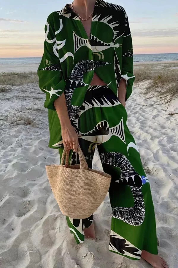 Elegant Printed Vocation Beach Set Fashion Lapel Button Shirt & Long Pants Outfits Women Causal Long Sleeve Loose Two Piece Suit
