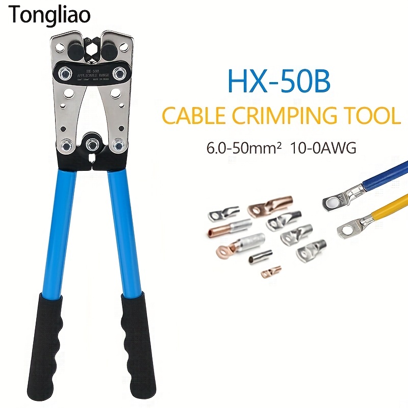 HX-50B Crimping Pliers for Battery Cable Lug and Tube Terminal Crimping - 6-50mmÂ²/awg 10-0 Hex Crimp Tool with Multitool Functio