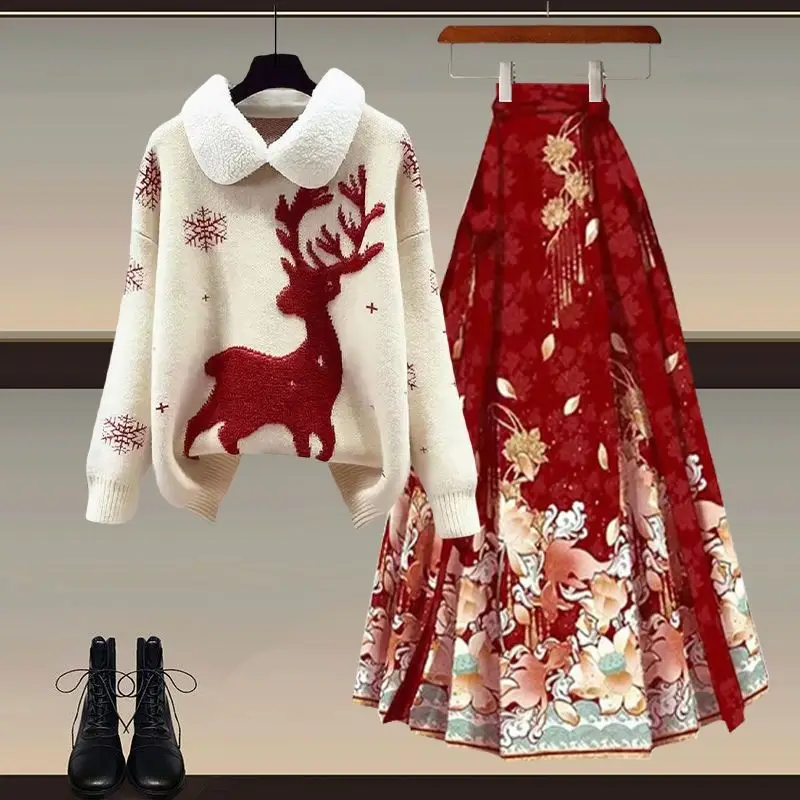 

Осенне-зимний новогодний красный свитер Hanfu, Новая китайская одежда, комплект с юбкой «лошадиное лицо» и принтом лося