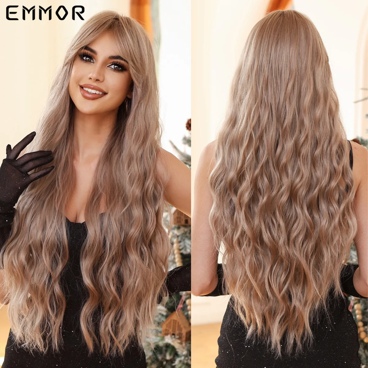 Emmor Youthful Synthetic Wig Long Wavy Curly Light Brown Wigs for Women Heat Resistant Party Daily Hair Bang Natural