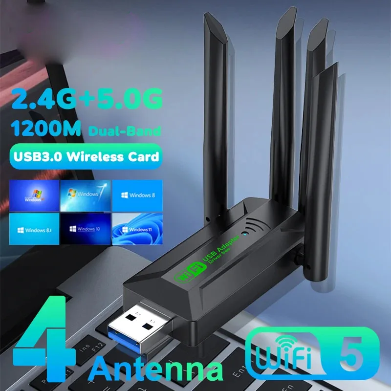 WiFi Network Card 4 Antennas 1200Mbps WiFi USB 3.0 Adapter 2.4G/5GHZ Dual Band For Win 10/11