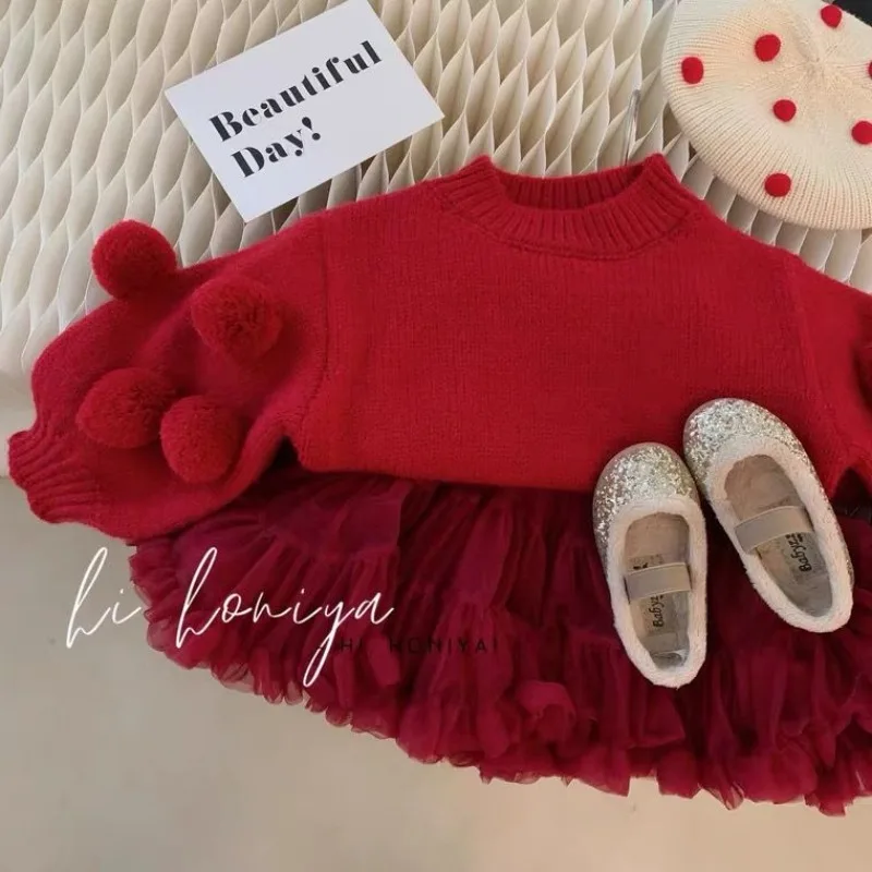 

New Korean Style Spring Autumn Baby Girl Sweater Solid Color Round Collar Lantern Sleeve Knitted Pullover Top Kids Clothes