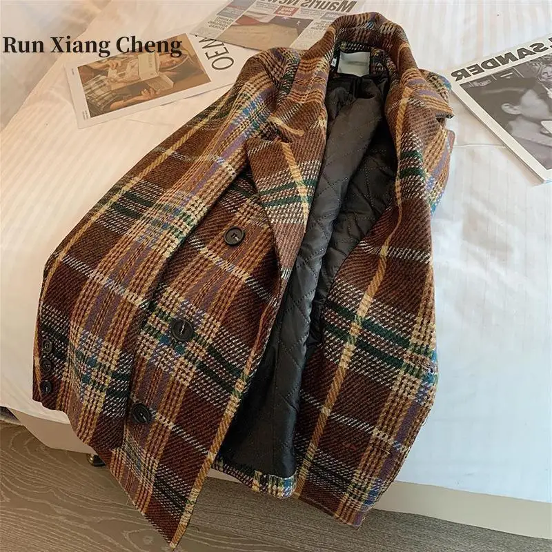 

RUN XIANG CHENG Checkered Woolen Suit Jacket Women Autumn and Winter 2023 New British Style Thickened Warm Premium Free Shipping