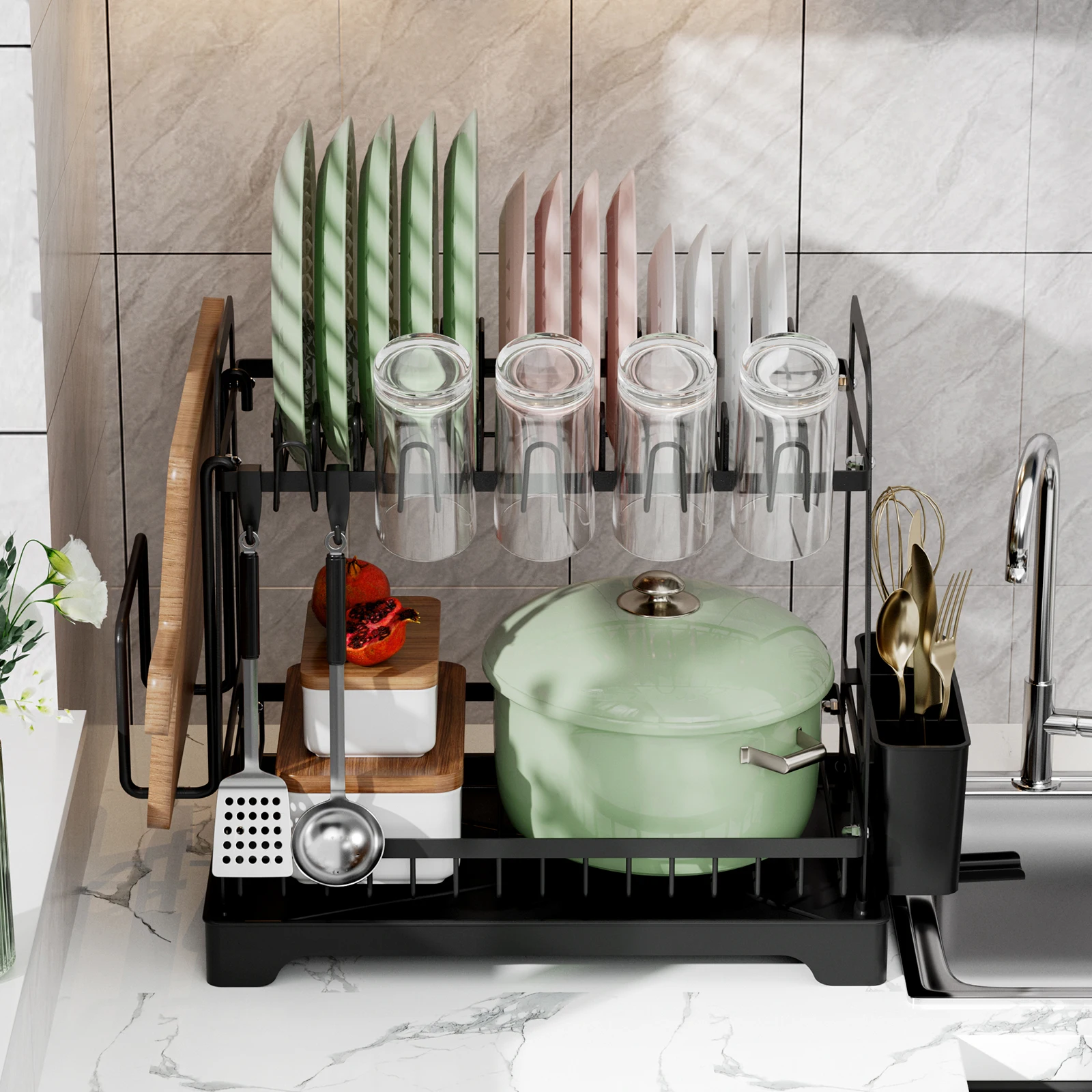 Dish Drying Rack 2 Tier Large For Kitchen Counter Dish Drainer With Drainboard & Utensil Holders
