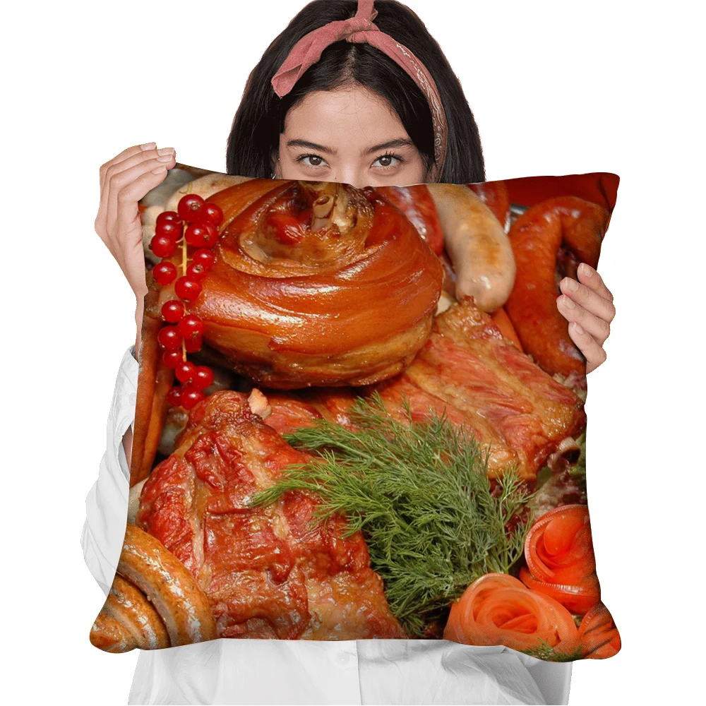 

HX Delicious Food Pillow Case 3D Graphic Barbecue Grilled Sausages Polyester Zip Pillowcase Funny Throw Pillow Cover Cushion