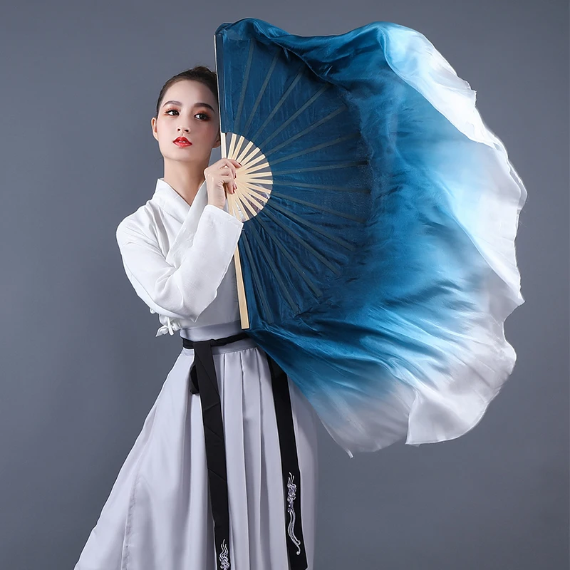 Classical Dance Fan Gradient Ink Blue Silk Double-Sided Extended Veil Folk Classical Dance Hand Fan Yangko Performance silk fan