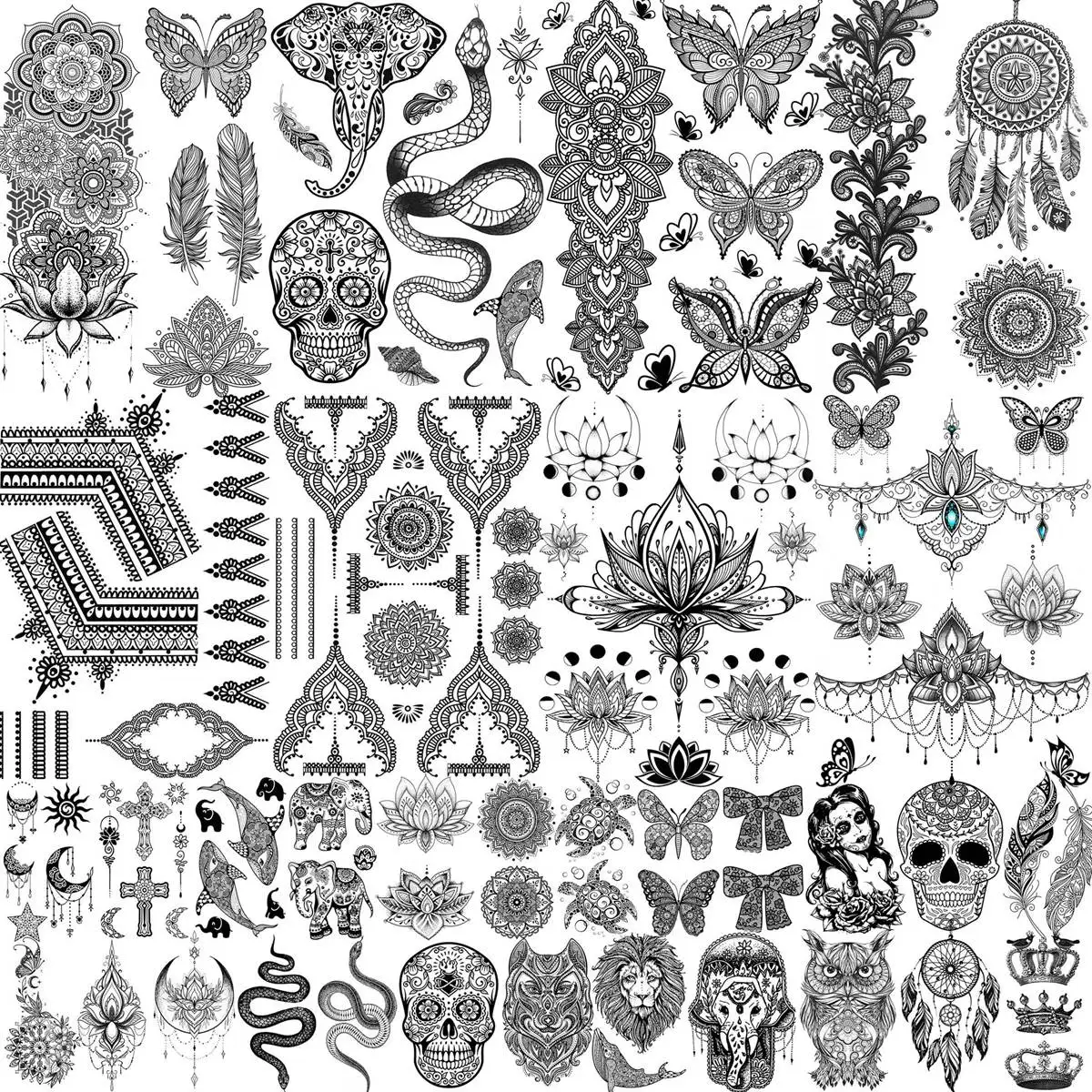 

32 Sheets Mandala Flower Temporary Tattoos For Women Hands Wasit Lotus Fake Tattoos Black Henna Skull Snake Tatoos Kit Sets