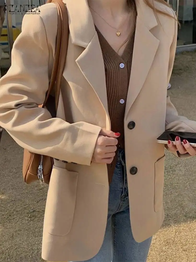 

ZANZEA Korean Fashion Lapel Neck Jackets Woman Elegant Long Sleeve Blazer Female Vintage OL Outwear Autumn Solid Coats Oversized