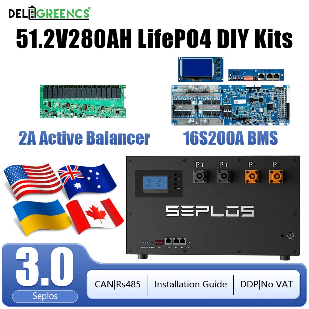 

3.0 Updated Version 51.2V 280AH Lifepo4 Battery Box DIY Kits with 16S200A CAN 485 Bluetooth Built-in 2A Active Balance