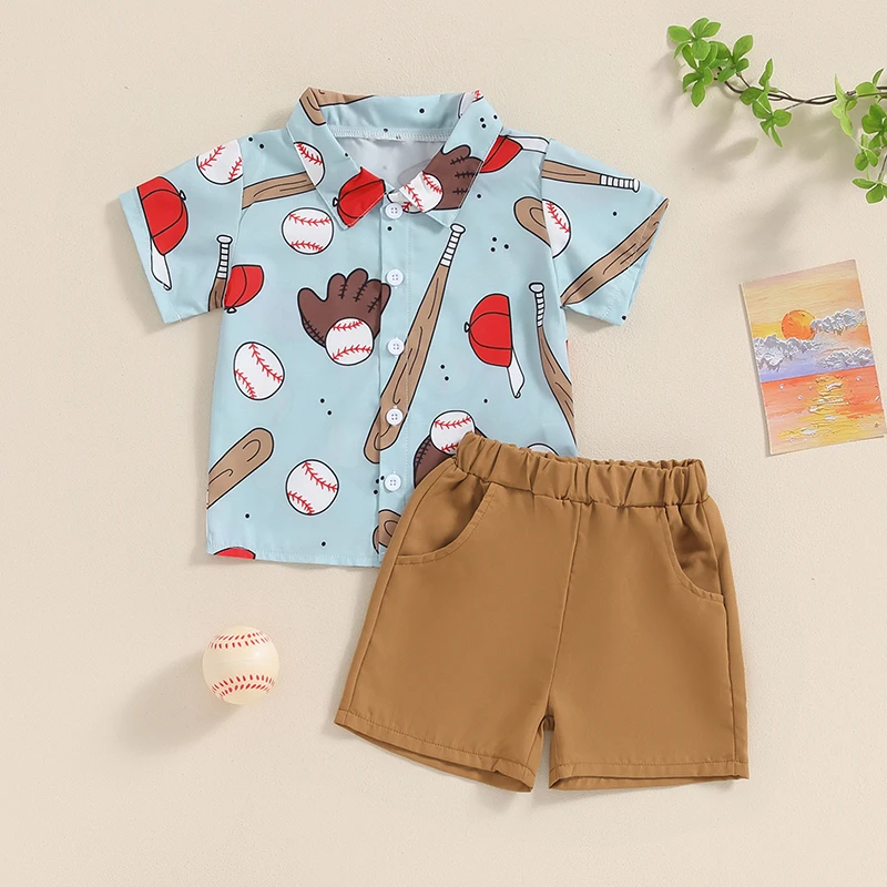 

2024-03-28 lioraitiin 6M-5Y Toddler Boy Gentleman Outfit Baseball Print Short Sleeves Button Shirt and Shorts Set Formal Wear