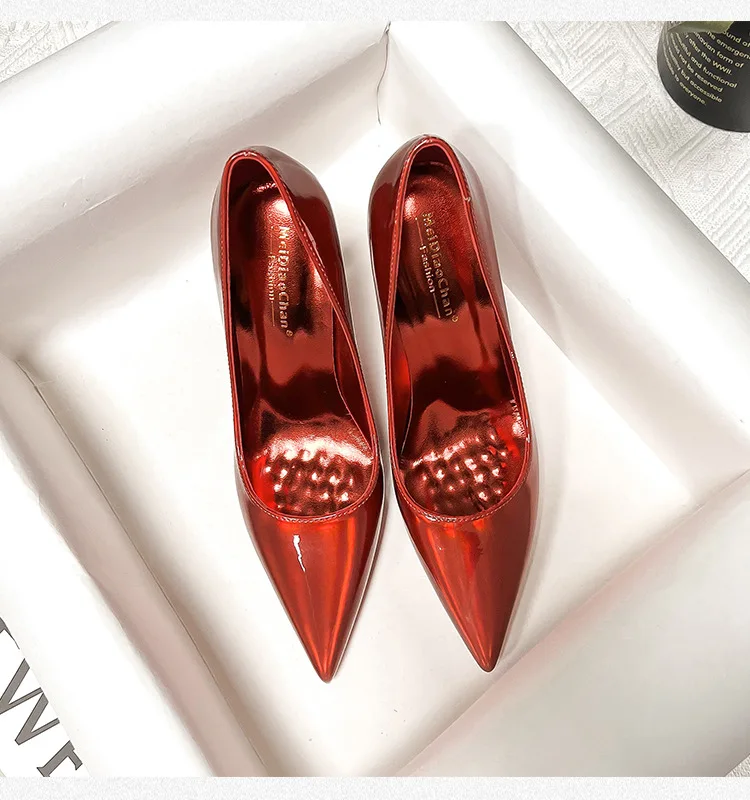 Water Diamond Red Sole Women's High Heels Wedding Shoes Women's Shallow Mouth Fine Heels Lacquer Leather Sexy Style Single Pumps