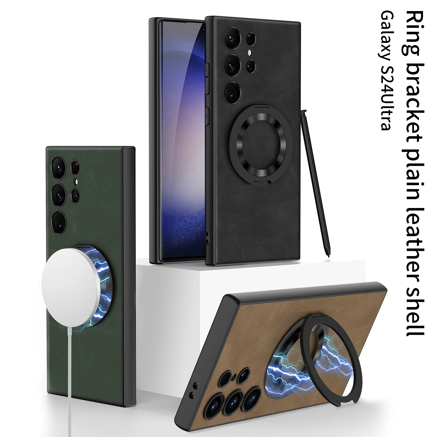 For Samsung Galaxy S24 S23 Ultra Plus Magsafe Case Plain Leather Magnetic Wireless Charging Rotating Bracket Shockproof Cover