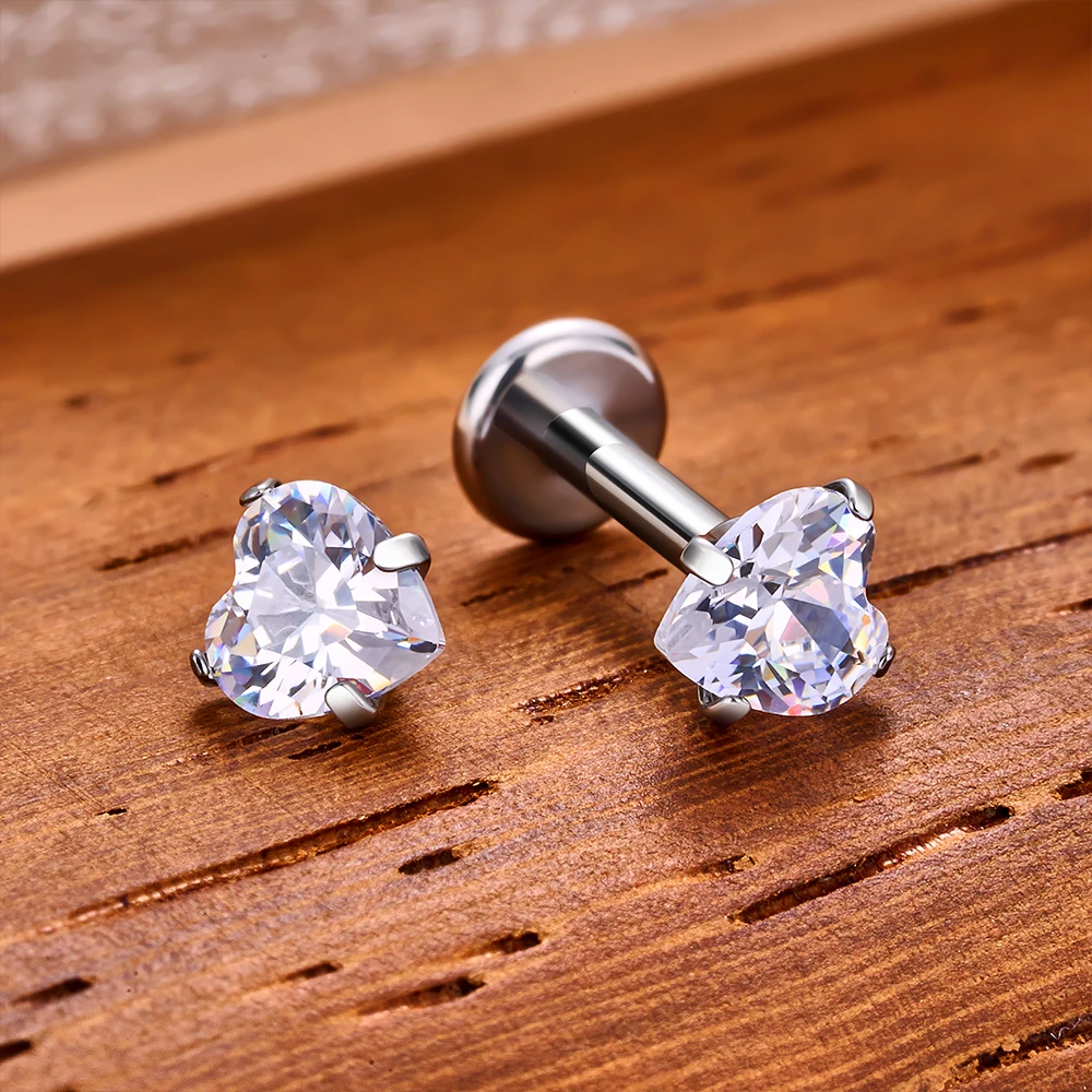 G23 Titanium Piercing Heart CZ Labret Ear Stud Earrings 10Pcs/lot For Women Square Shape Lip Stud Body Jewelry Helix Tragus ear piercing earring