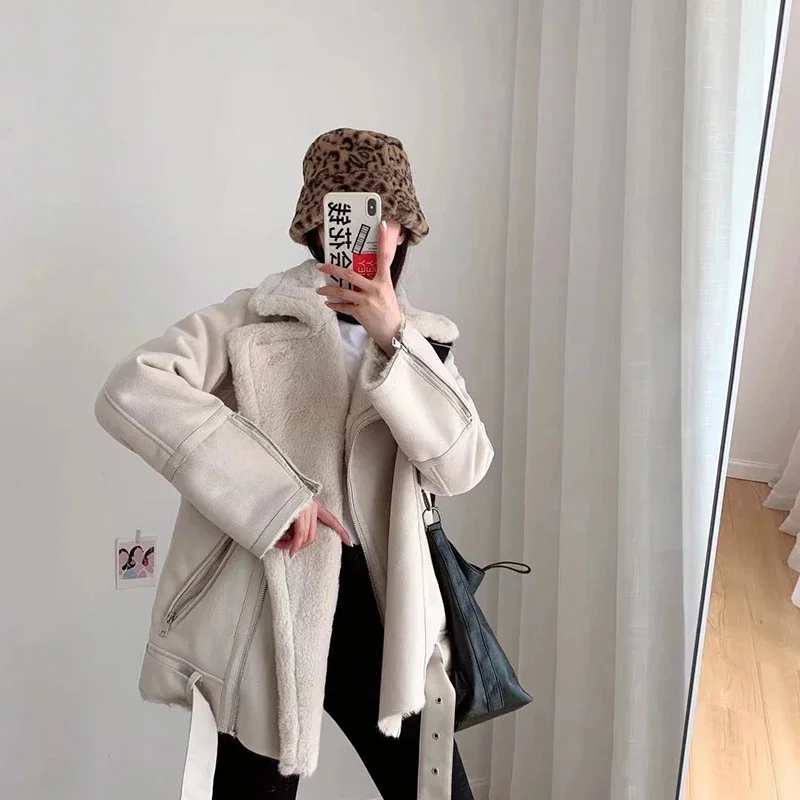 

Winter Jackets for Faux Spliced Zipper Stand Collar Coats Loose Snow Warm Leather Jacket Women with Belt