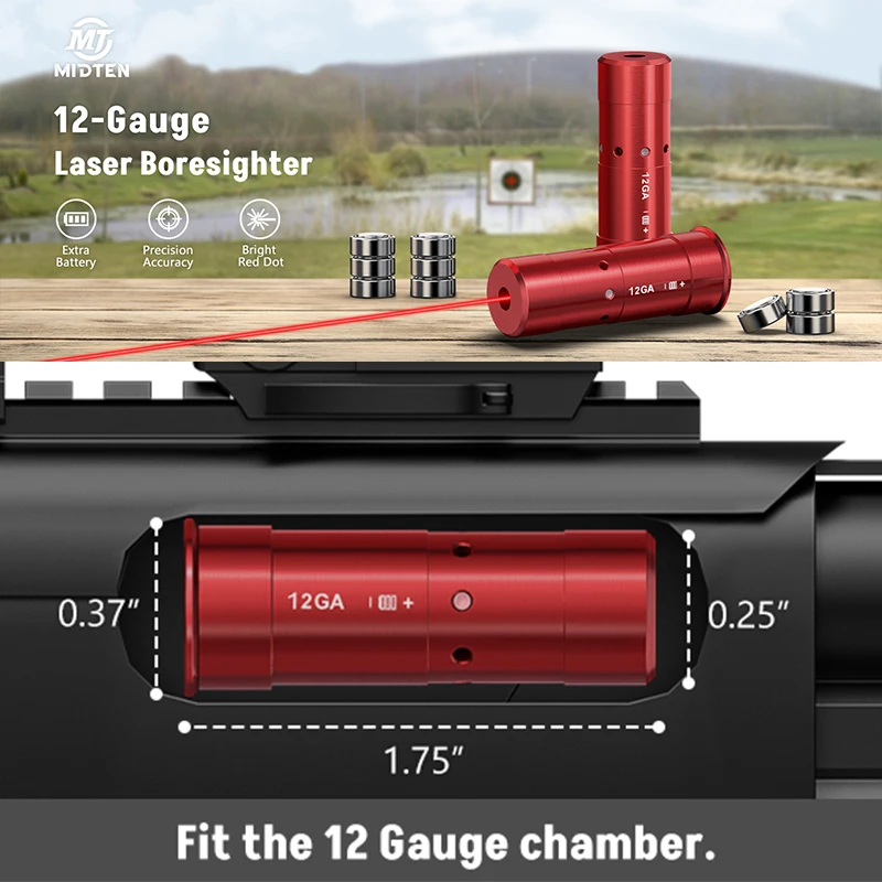 12GA Gauge Bore Sight Red Laser Dot Boresighter with 9 Batteries Cartridge Scopes Hunting Aiming Optical Instru