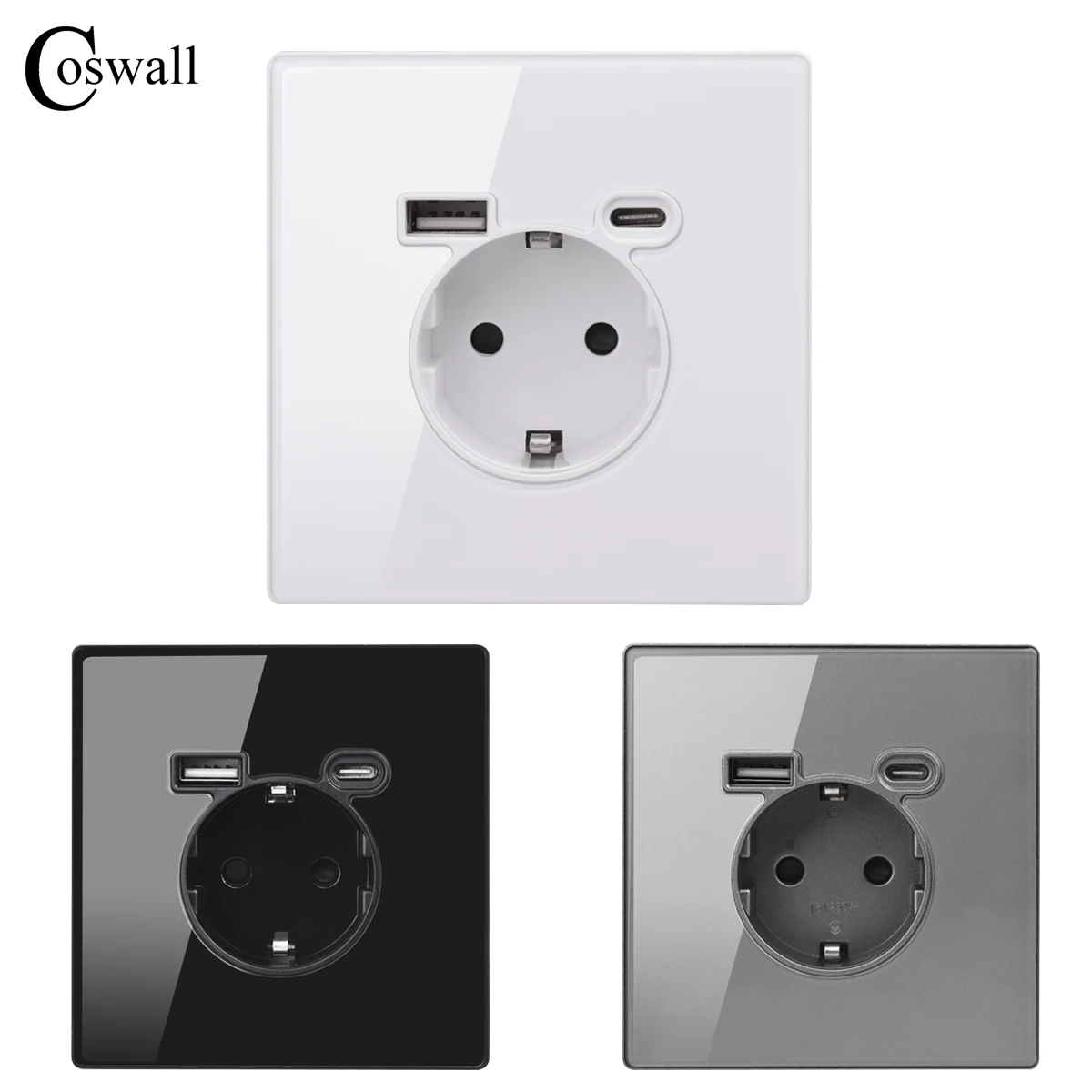 COSWALL Glass Panel Wall Power Outlet Integrated EU Standard, full screen 16A flame retardant Type A C 2 USB charging port