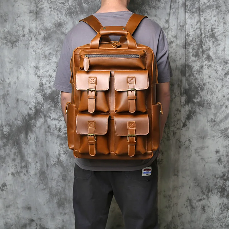 NZPJ Retro Genuine Leather Men's Backpack Large Capacity Natural Leather Travel Bag Crazy Horse Leather Computer Bag Box Bag