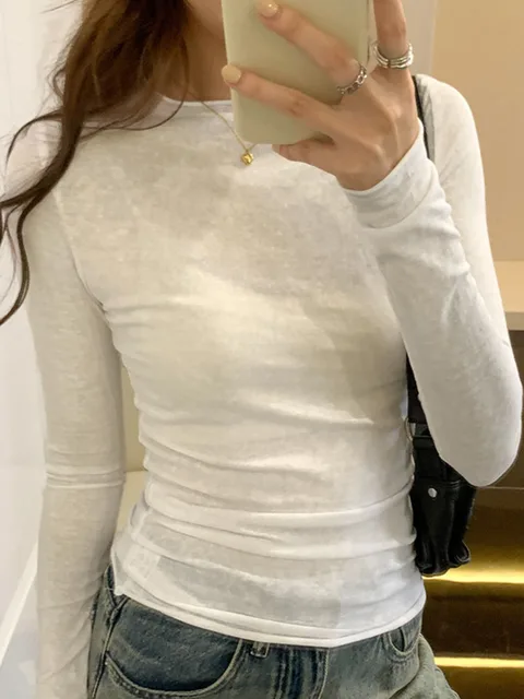 2024 Spring Autumn T shirt Women Tops Solid Slim Fit Long Sleeve O Neck Tshirts Female Casual Streetwear High Quality Base Tees 2