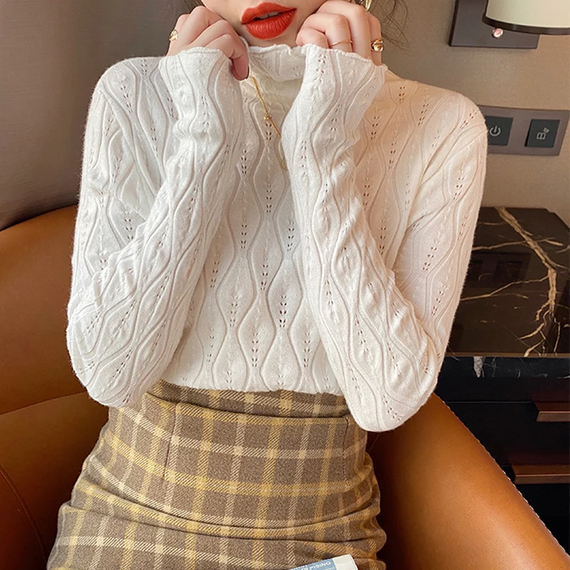 

Casual Pullovers 2024 Elegant Hollow Out Tops Autumn Winter Fashion Turtleneck Sweater Women Solid Color Knitted Clothes 22686