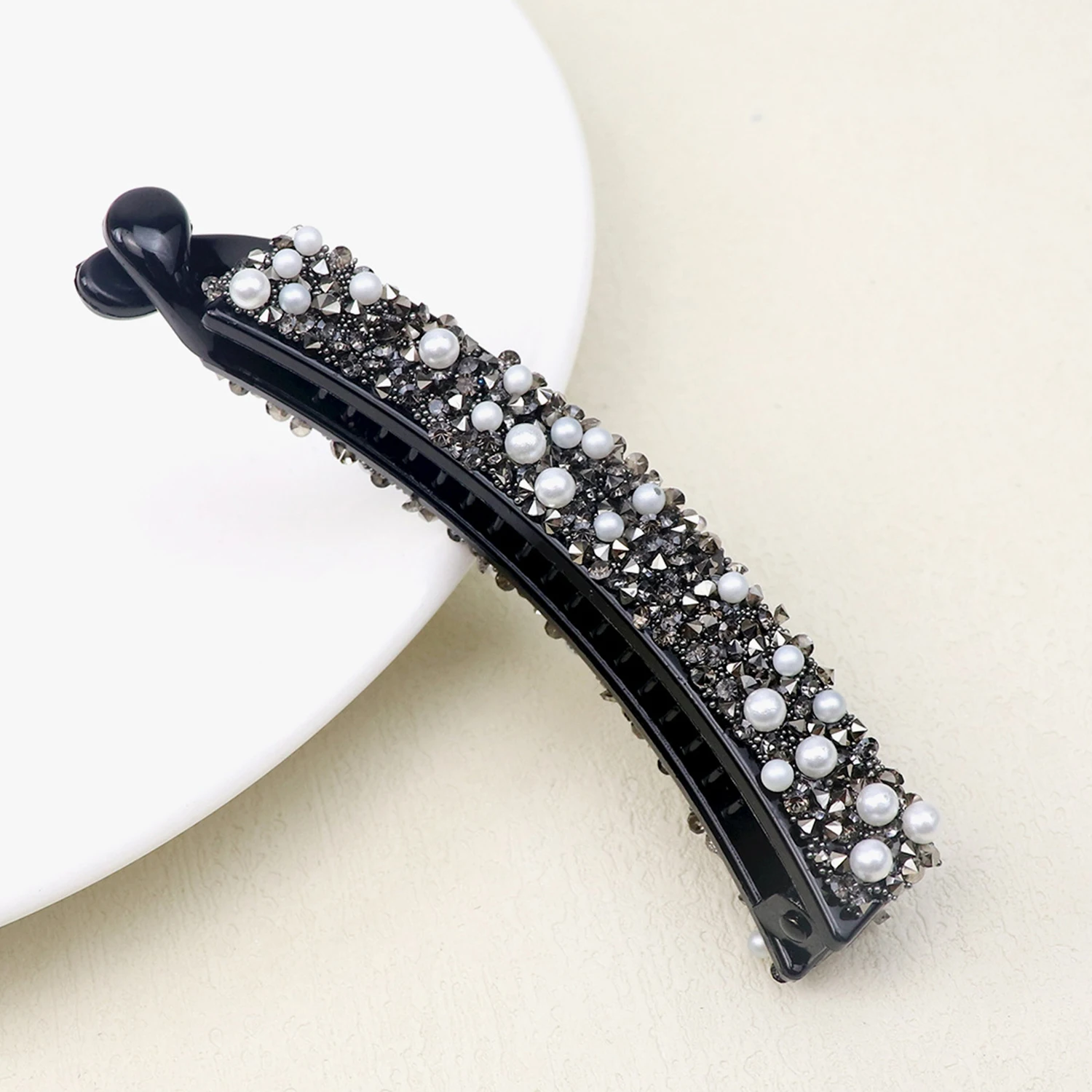 Mode volle Strass Bananen Haars pange elegante Acryl starke Halter Perle Haarnadel Haars pangen Frauen Party Kopf bedeckung – Detail 3