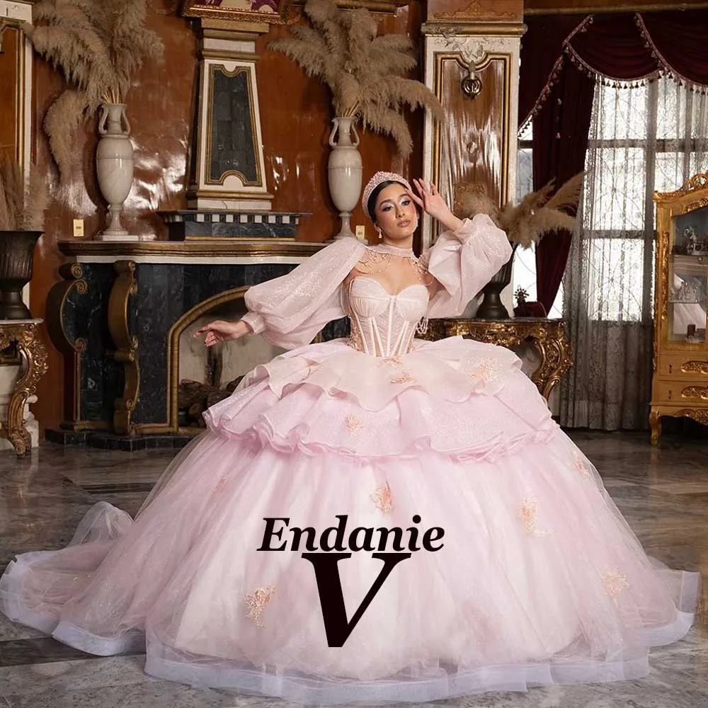 Vendanie Attractive High Neck Quinceanera Dress Beadings Appliques Layered Dress Puff Sleeves Vestido De 15 Customized