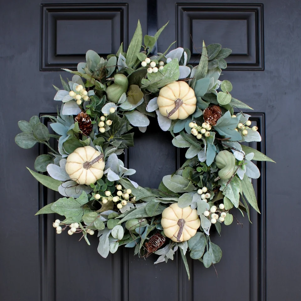 Couronne D'automne 61 Cm Pour Porte D'entrée - Composition Feuilles De Magnolia Et Eucalyptus Artificiels - Décoration Saisonnière