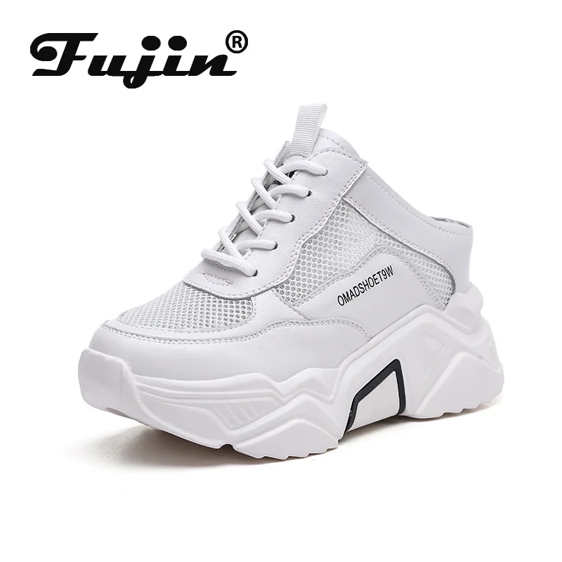 

Fujin Women Mules Shoes Genuine Leather 8cm Platform Wedge Hidden Heel Female Casual Shoes Women Summer Shoes Sandals Slippers