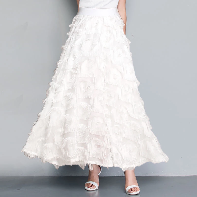 Spring Summer and Autumn New Chiffon High Waisted and Versatile A-line Skirt With Fluffy Tassels Ladies and Girls Black skirt top Skirts