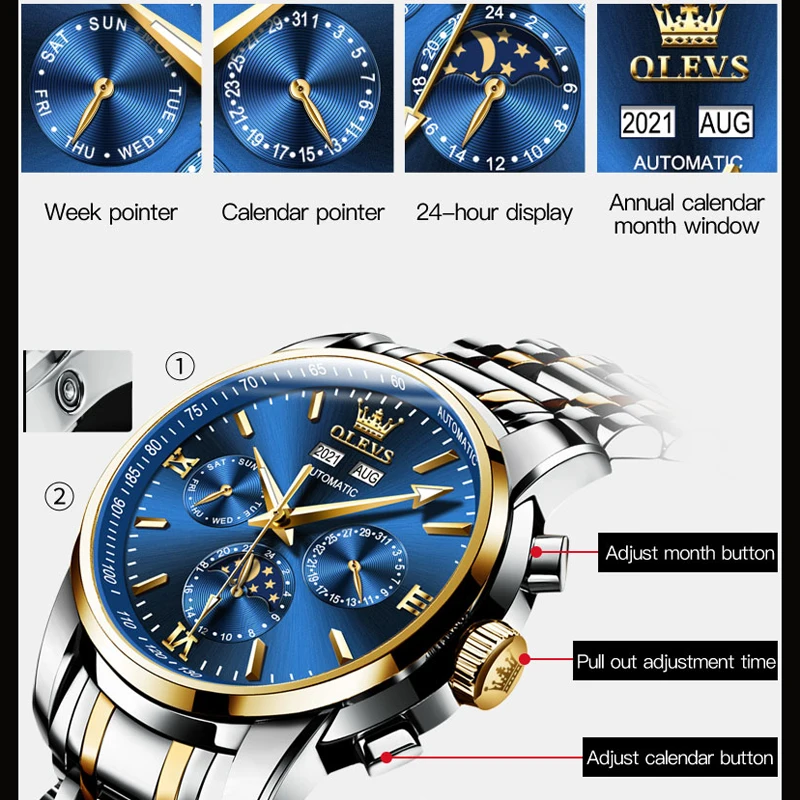OLEVS Top Brand Luxury  Luminous Date Moon Phases Men's Watches Mechanical Watch Men Waterproof Sport Automatic Wristwatch Reloj