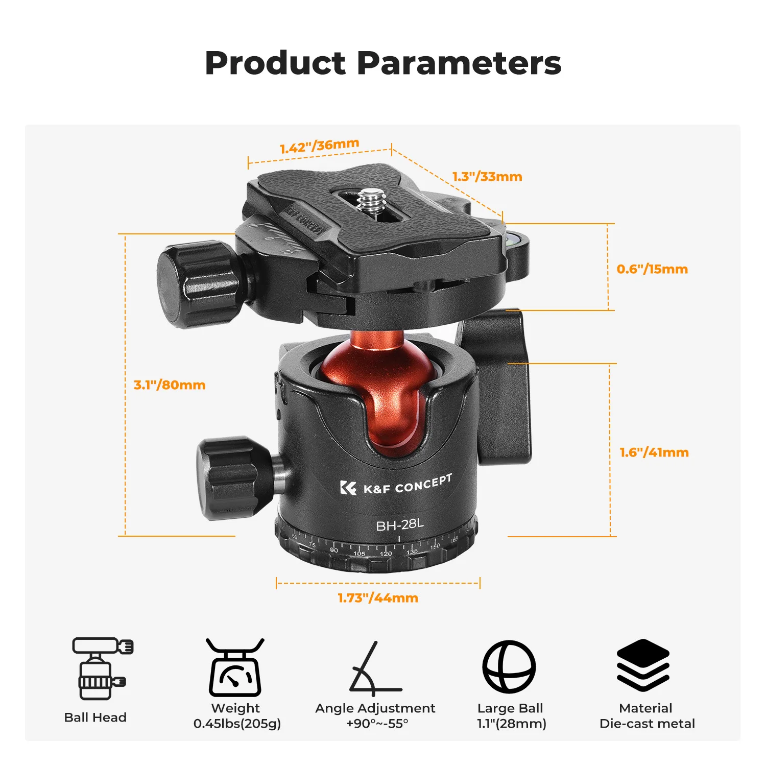 K&F Concept 22lbs/10kg Load Professional Metal Tripod Ball Head 1/4 Quick Release Plate for Nikon Canon Leica Sony Camera Tripod