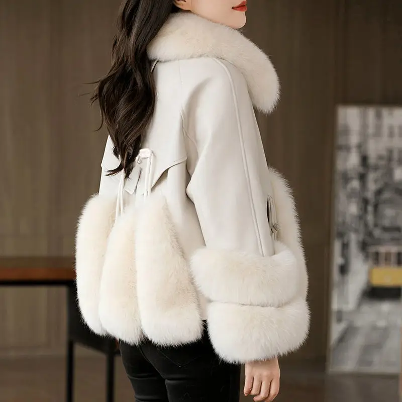 Faux Fox Fur Jacket for Women, Loose Mid-length Overcoat, PU Leather, Stitching, Warm Parka, Fashion, New, Winter, 2023