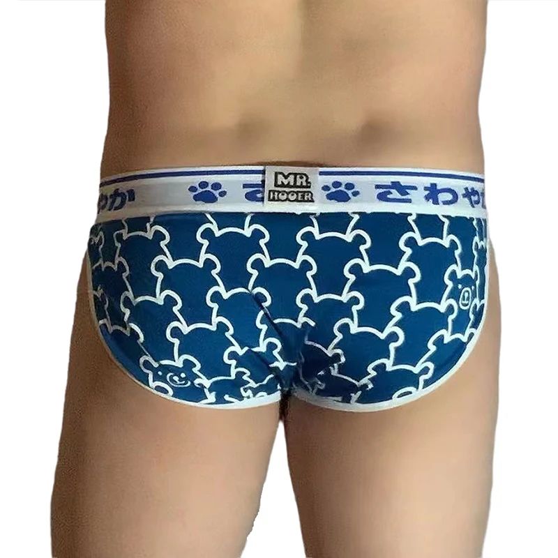 New Cute Bear Print Elasticity Briefs, Plus Size Men's Underpants, Gay Bear Proud Underwear, Sexy Cuecas White/Blue L XL XXL 3XL 6