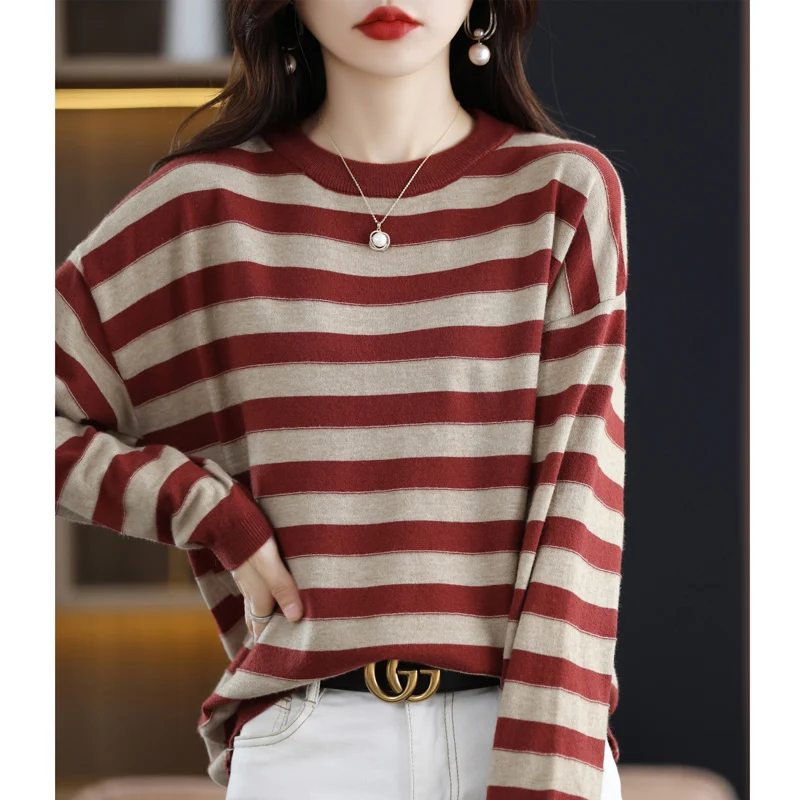 

Autumn WinterNew Round Neck Cardigan Women's Black And White Stripe Song Sleeve Knit Fashion All With Loose Type Base Sweater