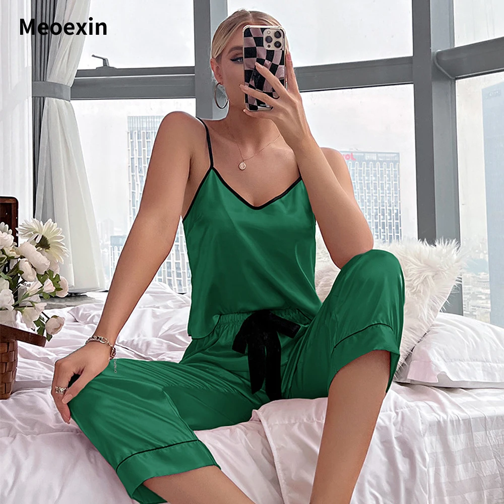

New Sleeveless Pajamas Pants Set Spring/Summer Home Open Back Suspended Sleepwear Ice Silk Lightweight Loose Two Piece Home Suit