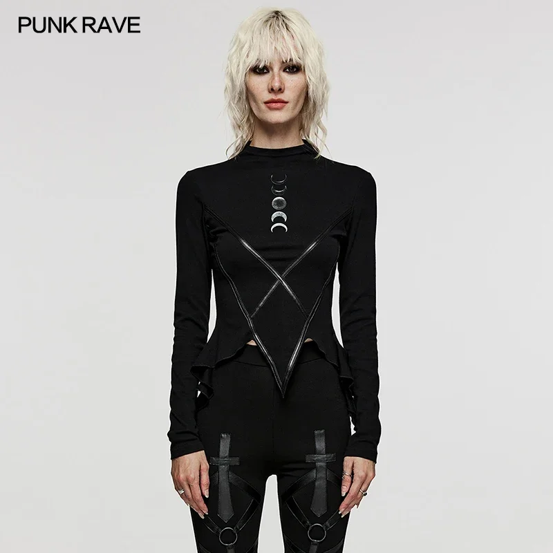 PUNK RAVE Women's Gothic Daily Gradient Moon Print T-shirt Dark