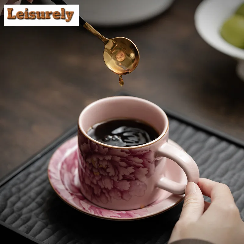 180ML Antique Pink Peony Flower Ru Kiln Mug Boutique Coffee Cup Mug With Plate Tea Making Office Water Cup Cafes Collection Gift