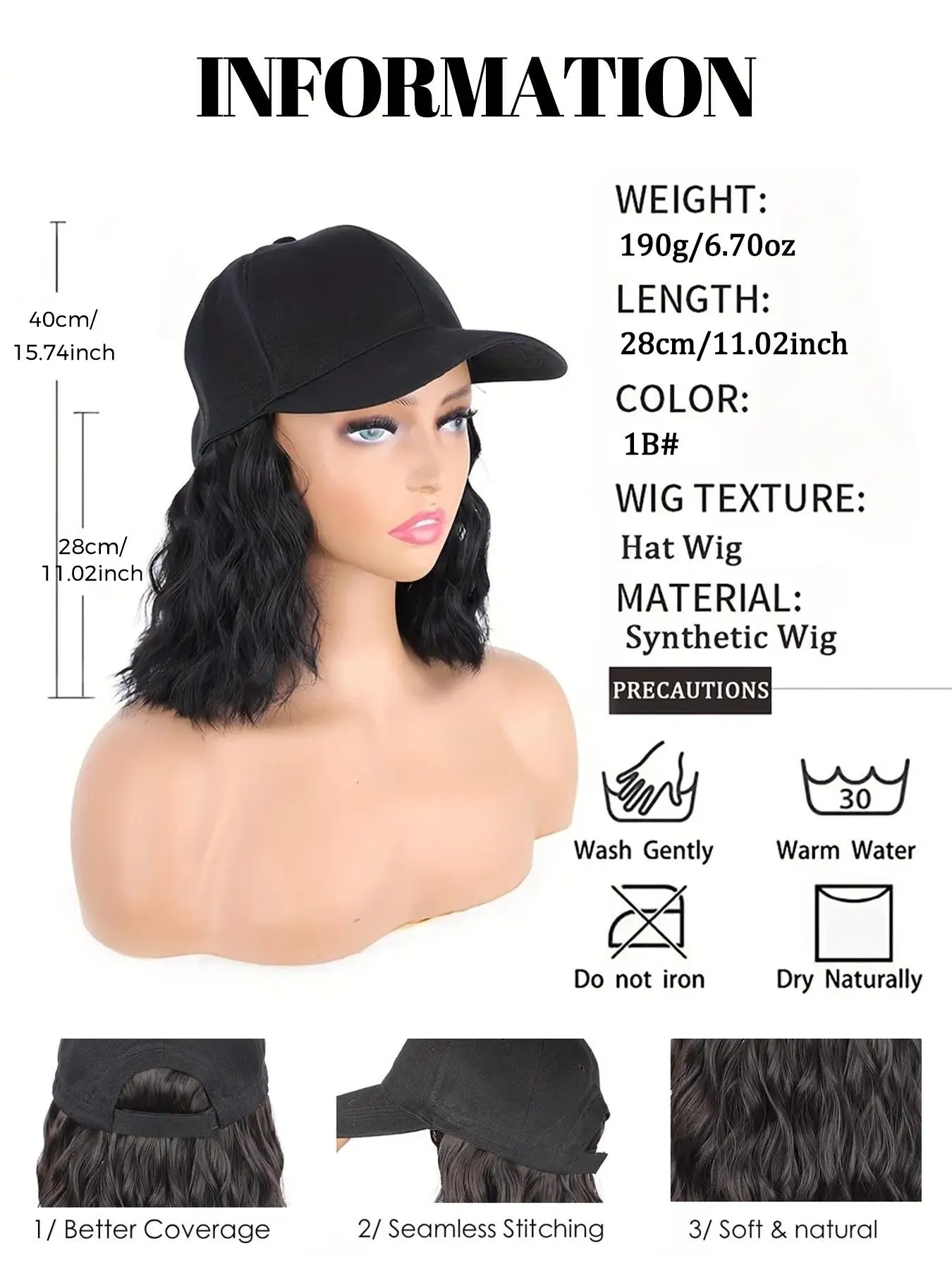 Synthetic Curly Wave Hair Wig with Baseball Cap for Women