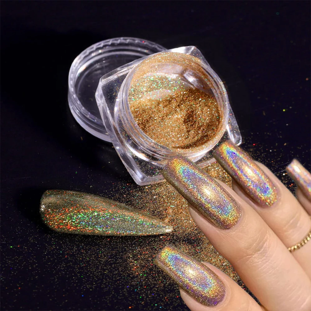 0.3G Laser Gold Nail Glitter Powder 12Color Glitter Pigment Olografico Aurora Laser Metallic Sfregamento Polvere Manicure Fai Da Te Decor * Hu