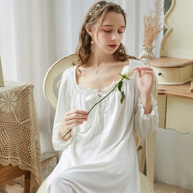 

Roseheart Women White Blue Sexy Sleepwear Homewear Cotton Lace Dress Nightwear Long Luxury Nightgown Court Gown Nightdress