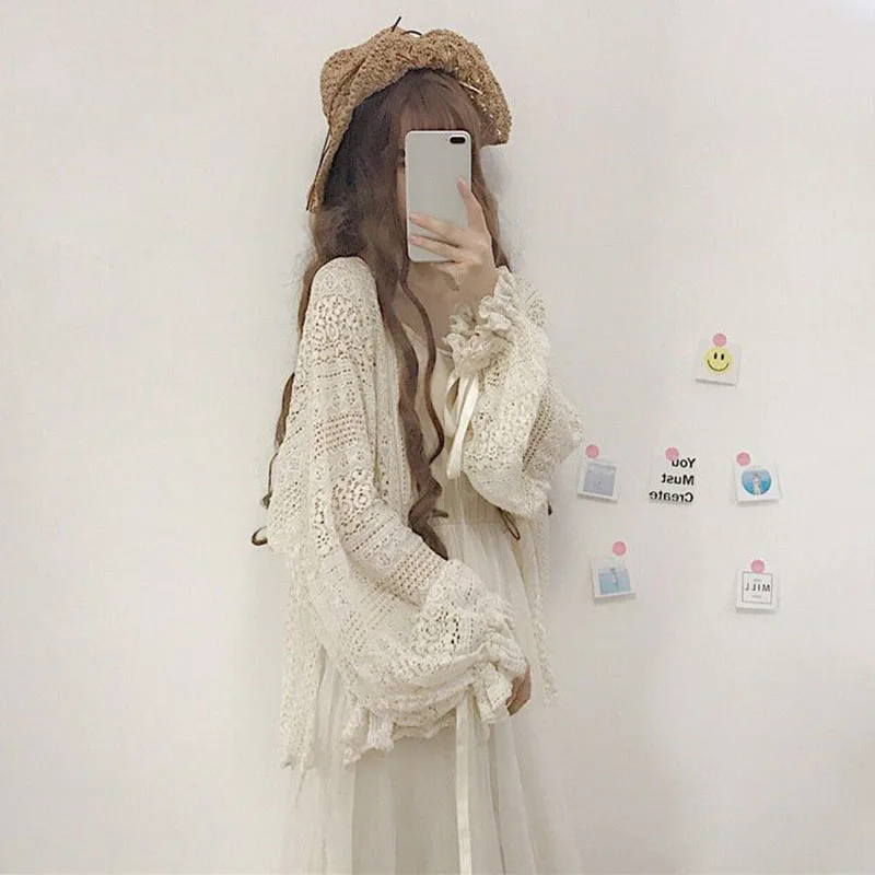 여성용 얇은 자외선 차단 가디건, 한국 레이스업 오픈 워크 블라우스, 홀리데이 비치 데일리 긴팔 블라우스, 여름 달콤한