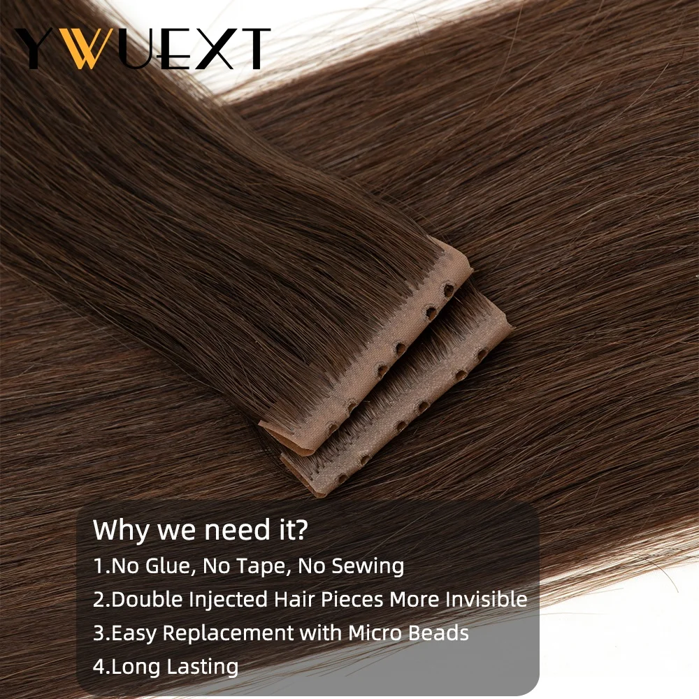 YWUEXT 16'' 20'' 24'' Twin Tab Weft Hair Extensions 100% Natural Human Hair Machine Remy Pull Through Hole Tape 10pcs/pack