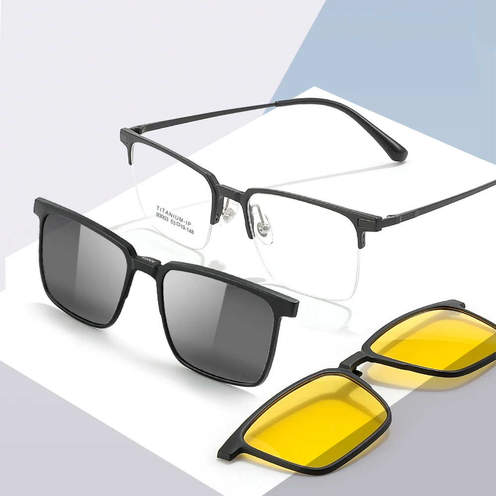 Moldura de óculos de titânio puro masculino e feminino, clipe polarizado em óculos escuros, óculos de visão noturna, fashion, 3 em 1