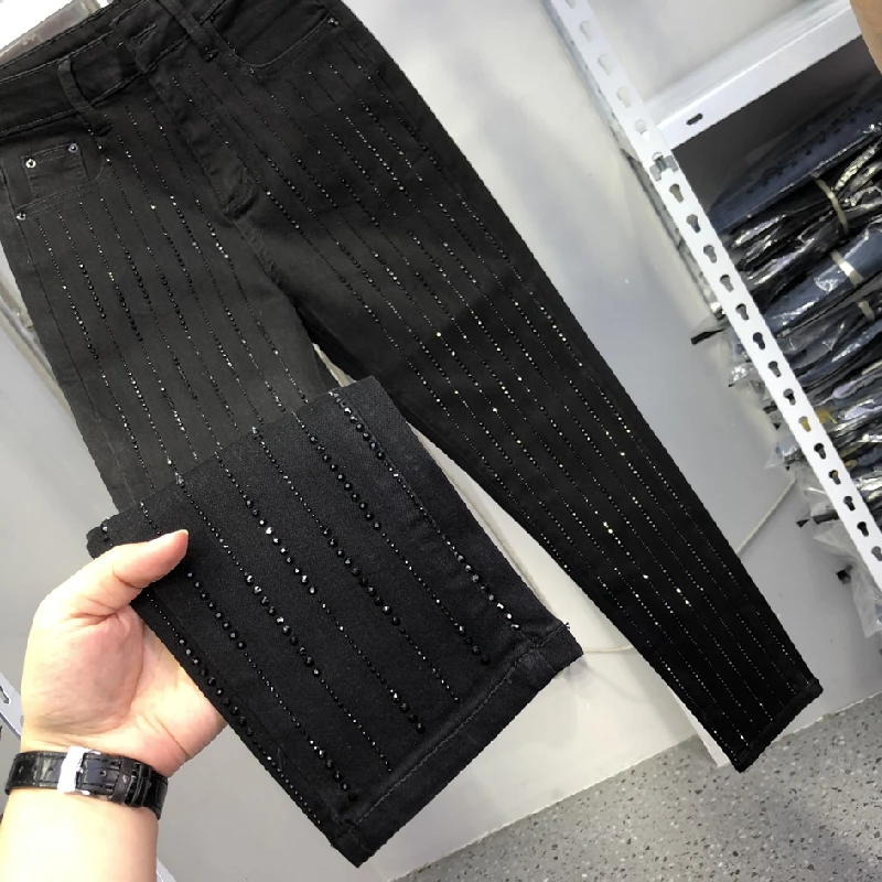 Spring Autumn Black Jeans for Women All-match High Waist Hot Drilling Stretch Tight Pencil Pants Female Long Denim Trousers 2022